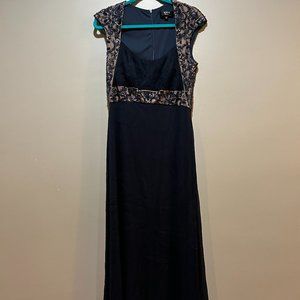 Tadashi Shoji Silk Navy Beaded Chiffon Maxi Gown Size 14